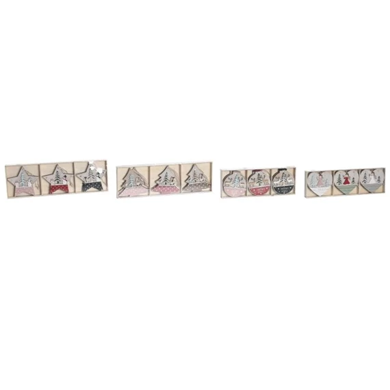 Dekoráció szett, akasztós fenyőfa, csillag, szív 23x1,5x9 cm 4 féle S/6