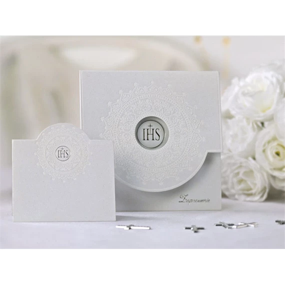 Elsőáldozási meghívó, fehér, díszített S/10