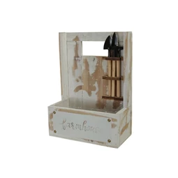 Láda támlával, kerti szerszámokkal 25x13x34 cm