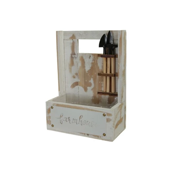 Láda támlával, kerti szerszámokkal 25x13x34 cm