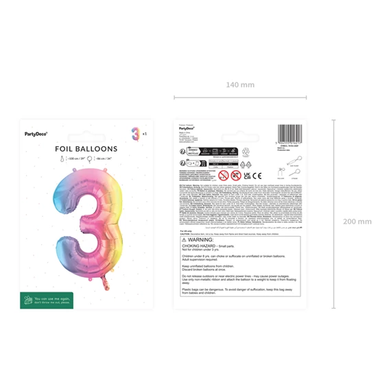 Lufi 3-as szám fólia 86 cm pasztell szivárvány