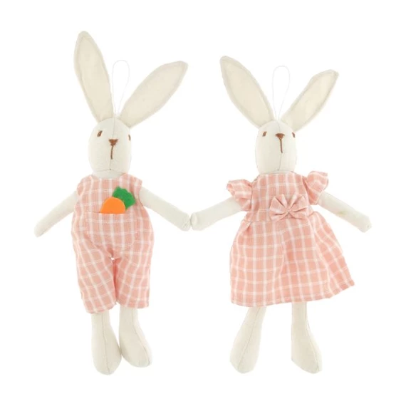 Nyúl fiú, lány kockás ruhában, akasztós 25 cm 2 féle