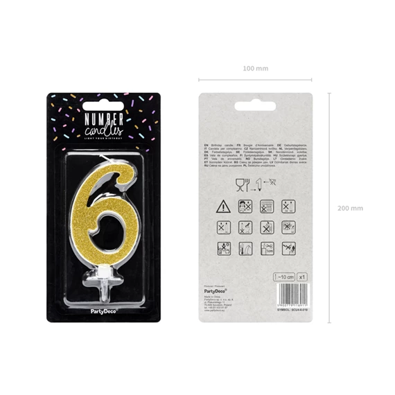 Születésnapi gyertya 6-os szám arany 10 cm