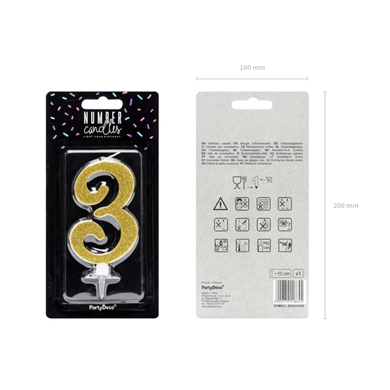 Szülinapi gyertya 3-as szám arany 10 cm