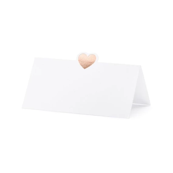 Ültetőkártya szívvel 10x5 cm fehér,rosegold S/10